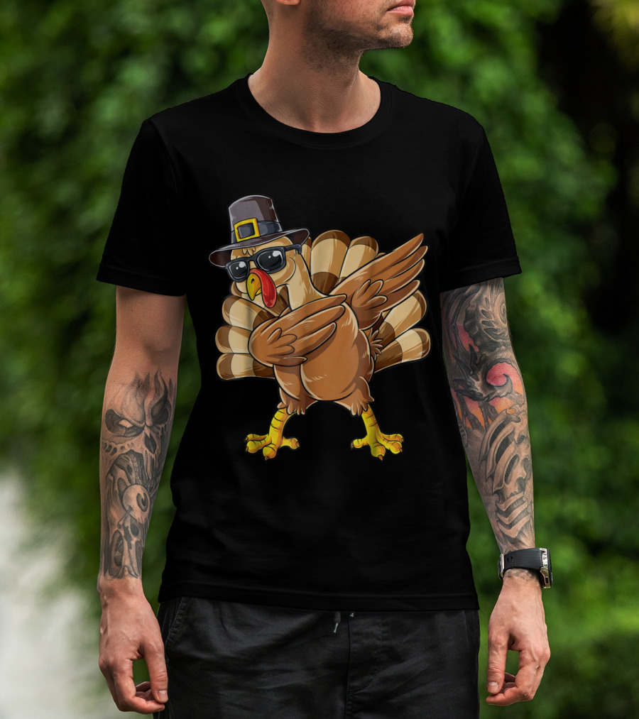 Thanksgiving Dabbing Turkey Pilgrim Hat Sunglasses Boys Day T-Shirt