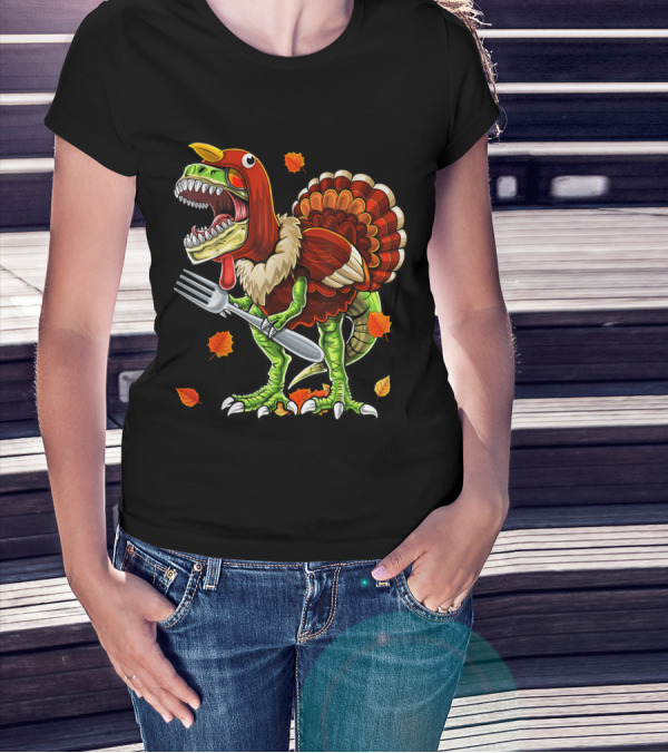 Thanksgiving Rex Dinosaur Turkey With Fork And Autumn Leaves T-Shirt
