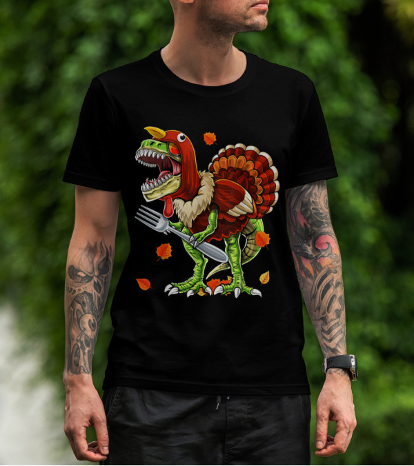Thanksgiving Rex Dinosaur Turkey With Fork And Autumn Leaves T-Shirt