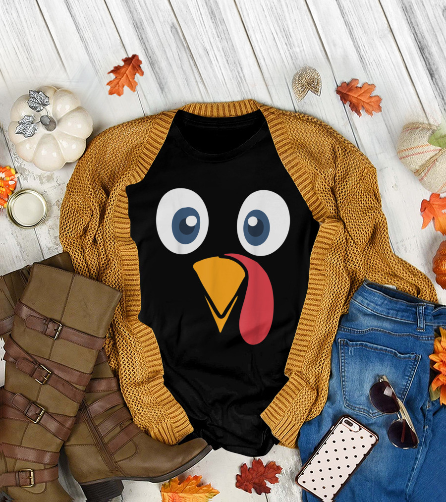 Thanksgiving Turkey Face Cartoon Eyes Beak and Snood T-Shirt