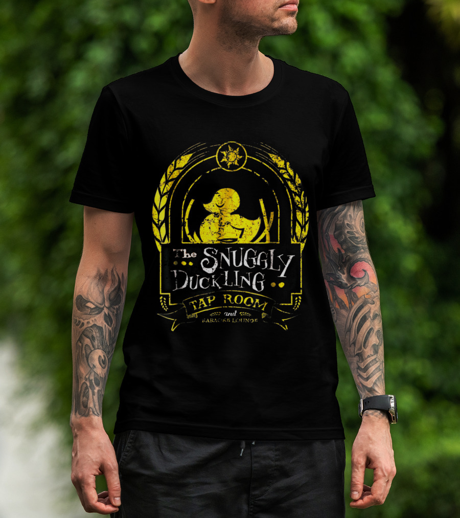 Snuggly Duckling Tap Room And Parlor Lounge With Yellow Duck And Sunburst Motif T-Shirt