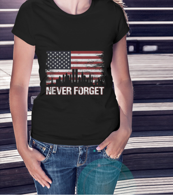Never Forget 9/11 Skyline Twin Towers American Flag Vintage Patriotic T-Shirt