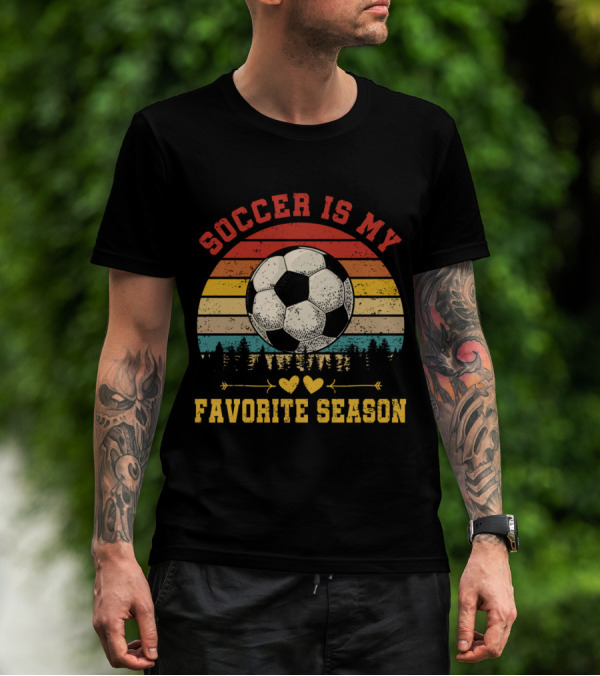 Soccer Is My Favorite Season Vintage Sunset Forest Soccer Ball T-Shirt