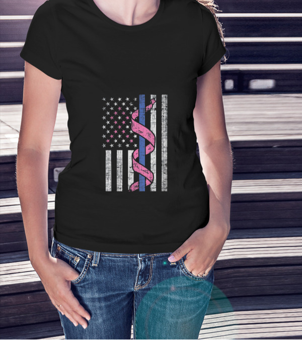 Blue Line American Flag Pink Ribbon Breast Cancer Awareness T-Shirt