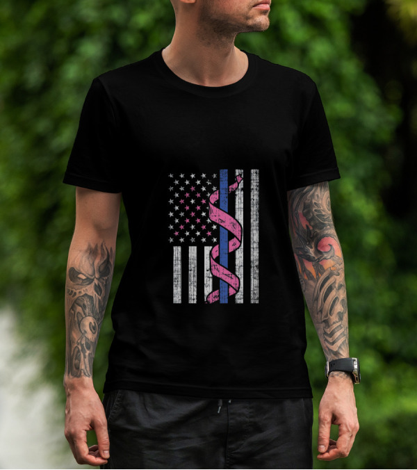 Blue Line American Flag Pink Ribbon Breast Cancer Awareness T-Shirt