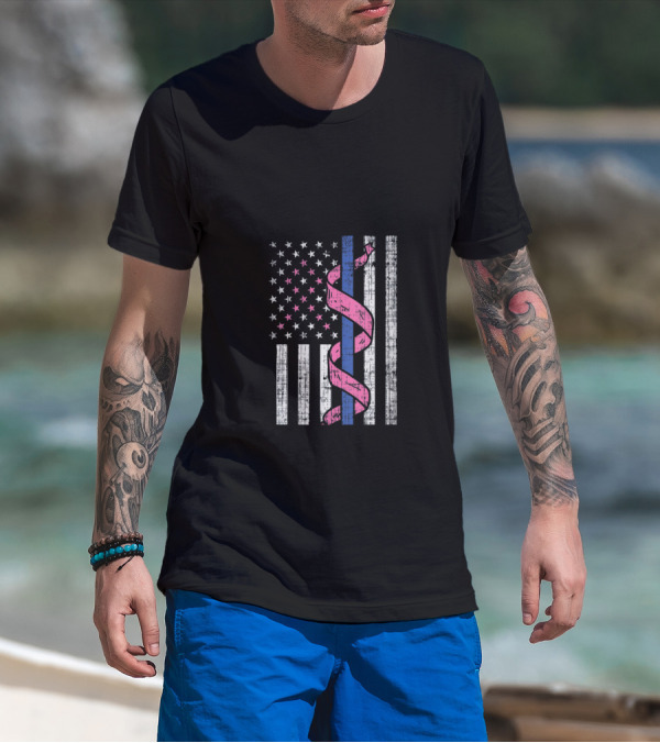 Blue Line American Flag Pink Ribbon Breast Cancer Awareness T-Shirt