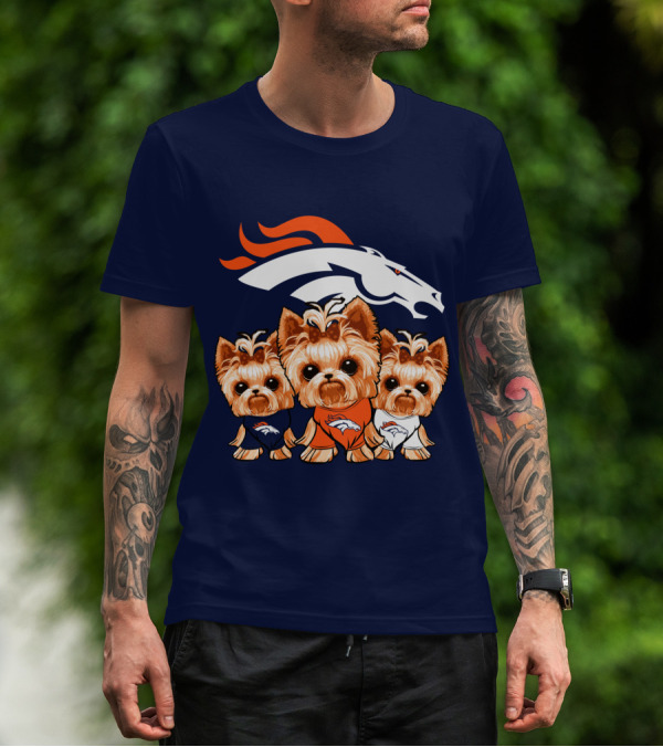 Denver Broncos Yorkies With Team Logo And Three Adorable Dogs In Jerseys T-Shirt