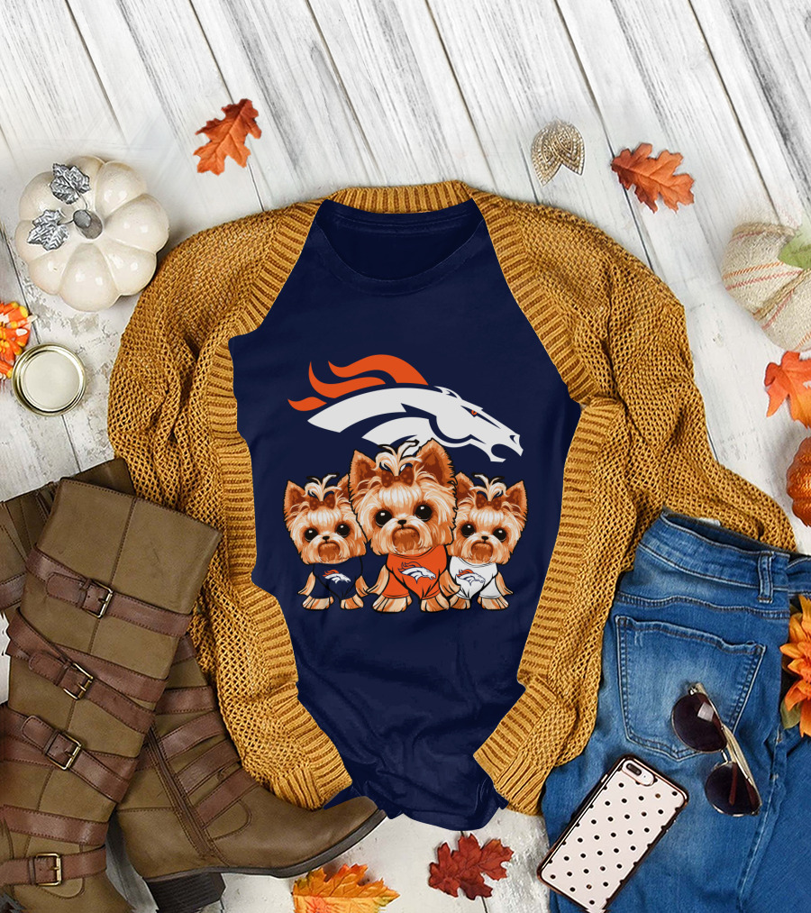 Denver Broncos Yorkies with Team Logo and Three Adorable Dogs in Jerseys T-Shirt
