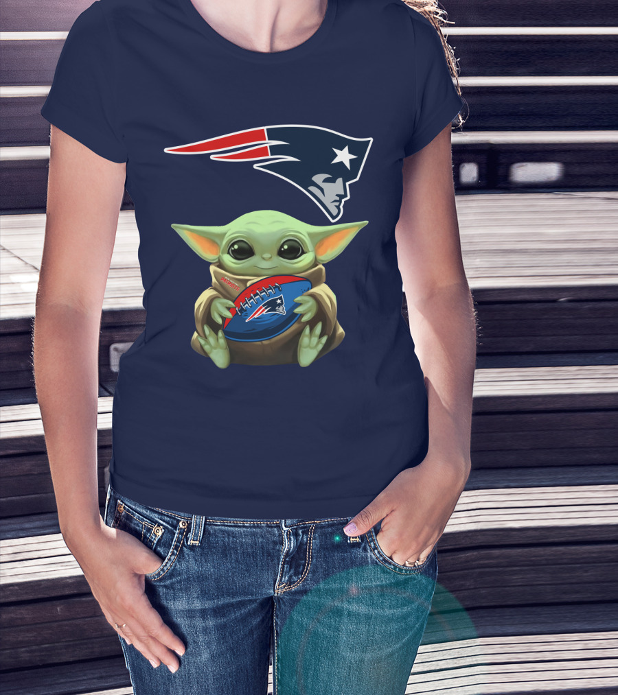 Baby Yoda Holding New England Patriots Football Under Patriots T-Shirt