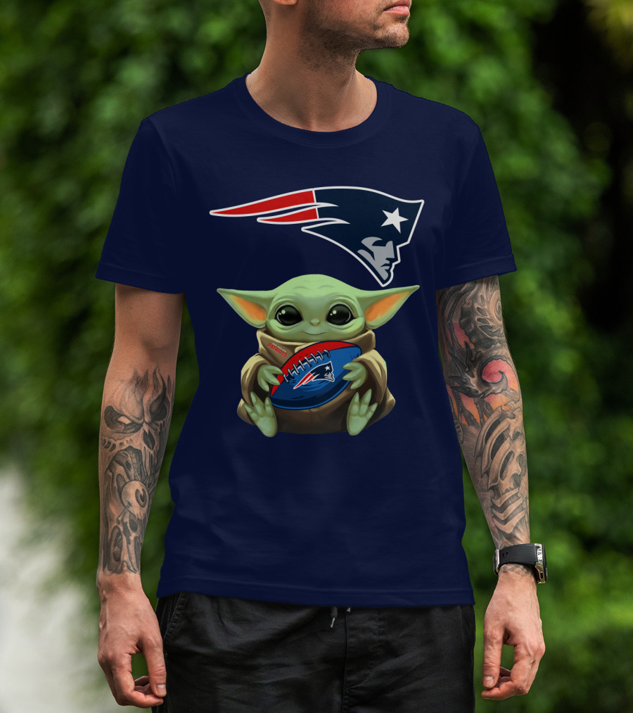 Baby Yoda Holding New England Patriots Football Under Patriots T-Shirt