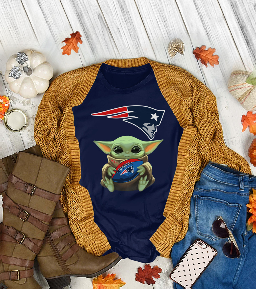 Baby Yoda Holding New England Patriots Football Under Patriots T-Shirt