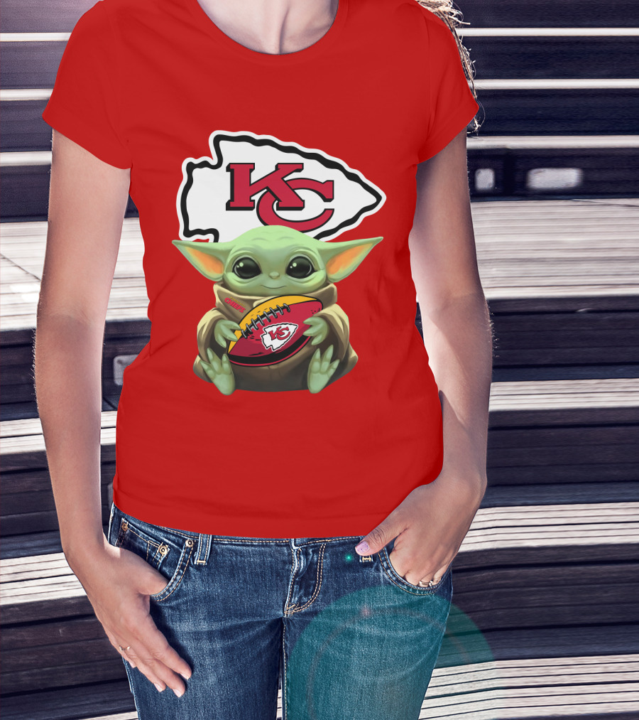Babyyoda Holding Kansas City Chiefs Football T-Shirt