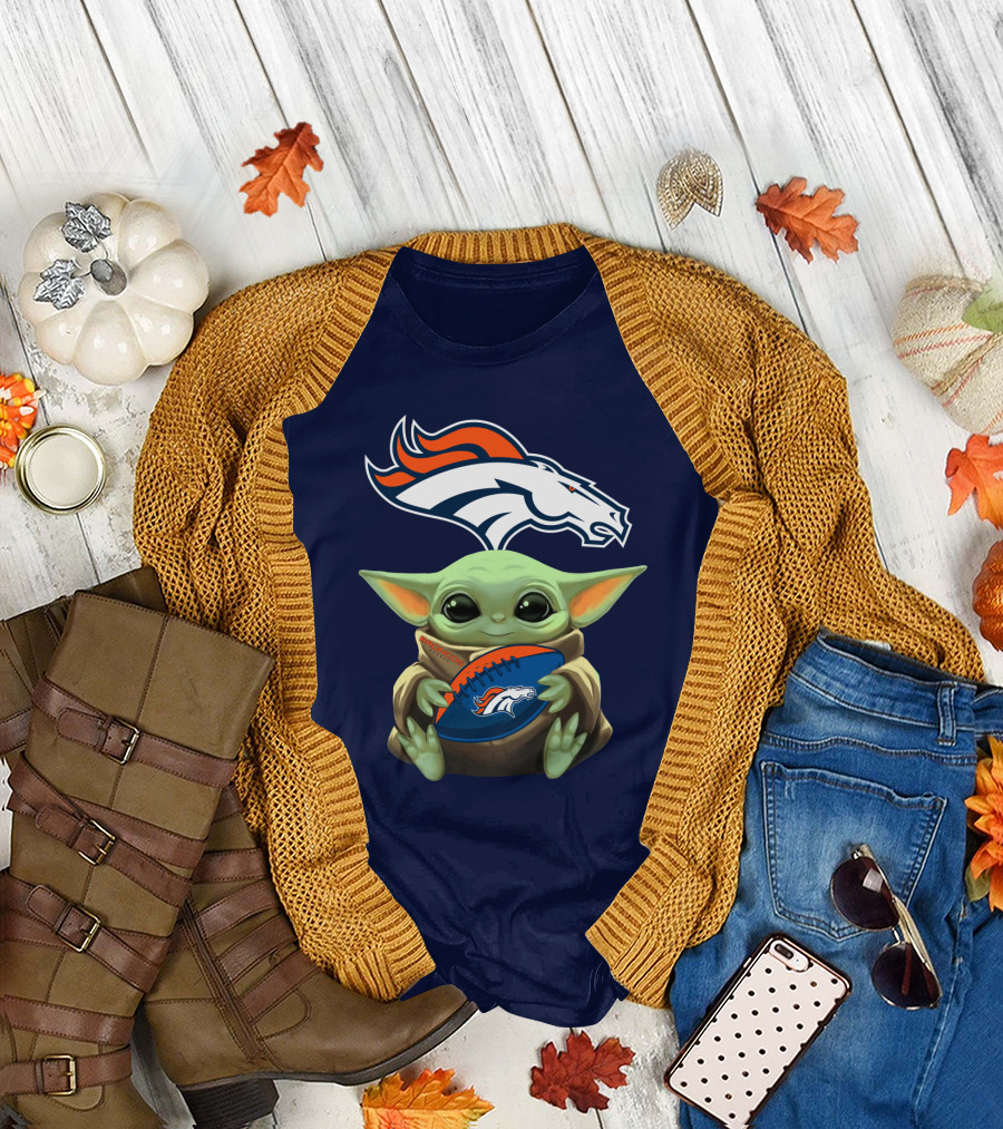 Baby Yoda Holding Denver Broncos Football with Team T-Shirt