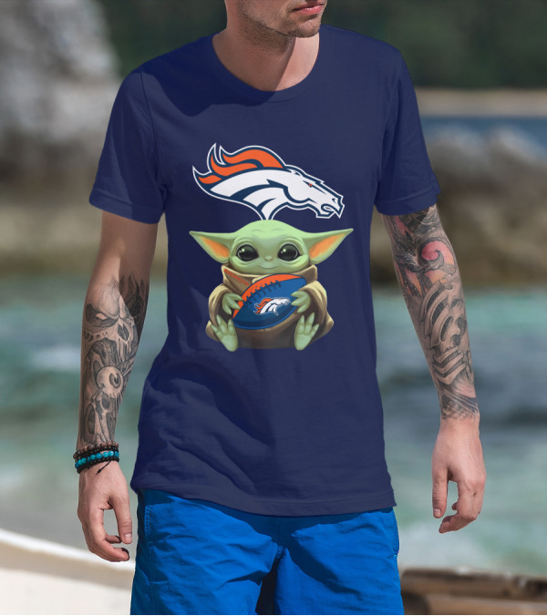 Baby Yoda Holding Denver Broncos Football With Team T-Shirt