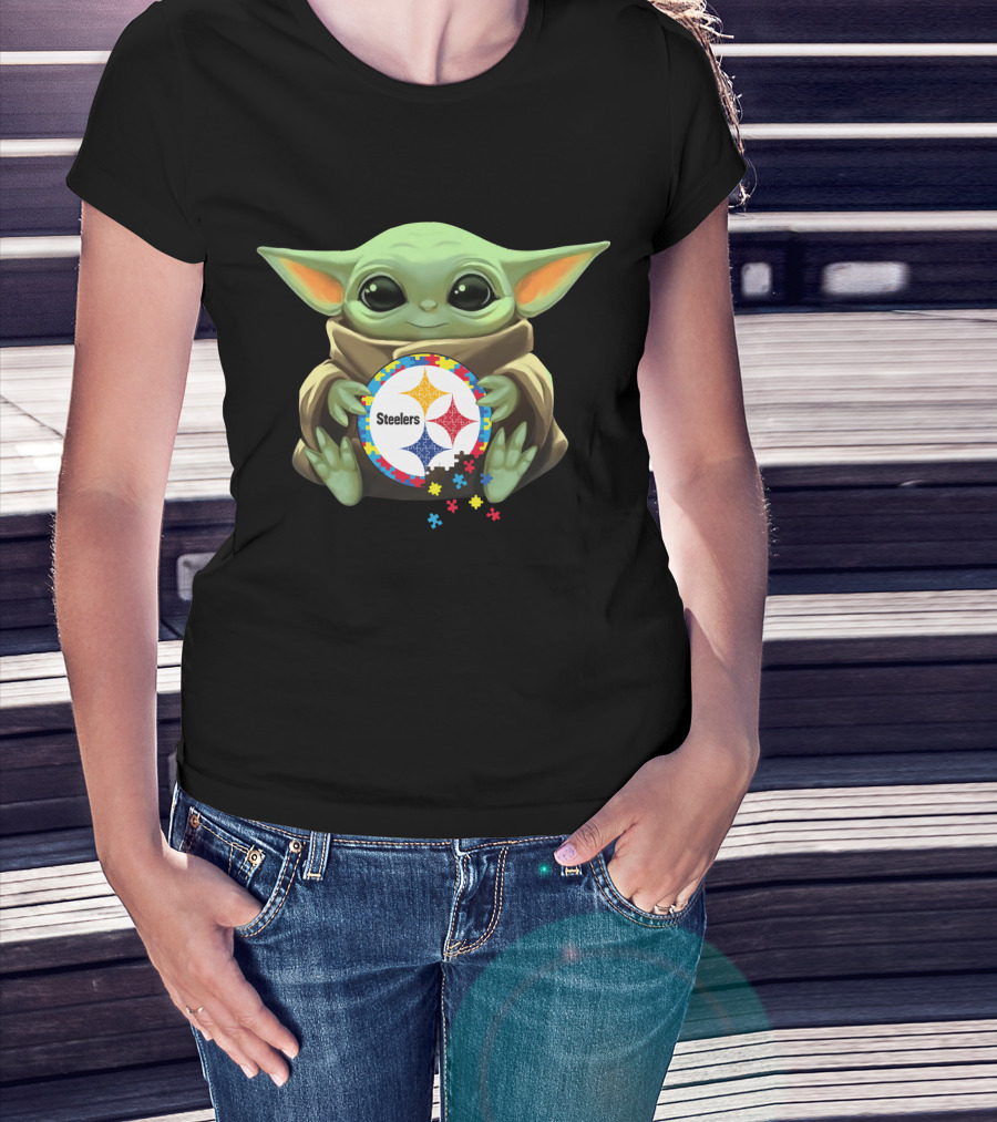 Baby Yoda Holding Steelers Autism Puzzle T-Shirt
