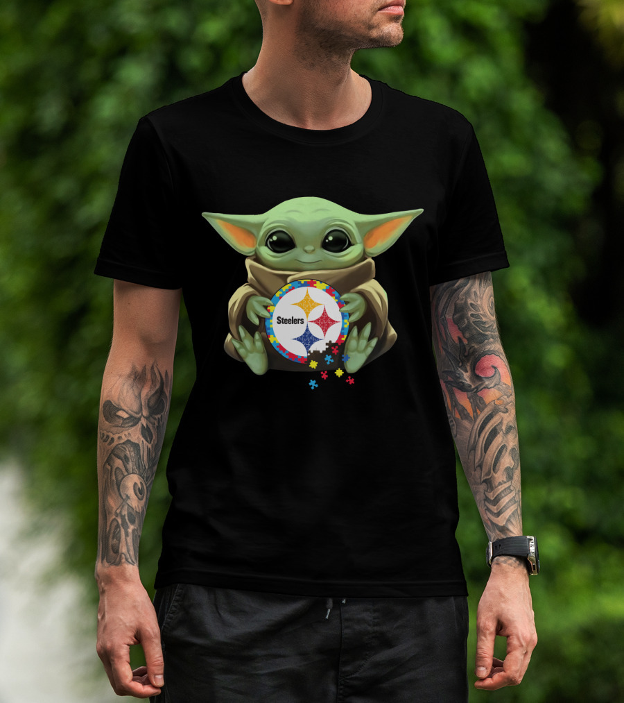 Baby Yoda Holding Steelers Autism Puzzle T-Shirt