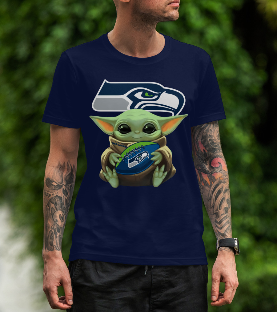 Baby Yoda Holding Seattle Seahawks Football Nfl T-Shirt