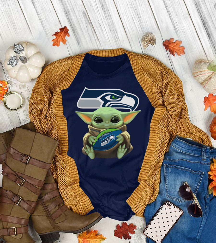 Baby Yoda Holding Seattle Seahawks Football Nfl T-Shirt