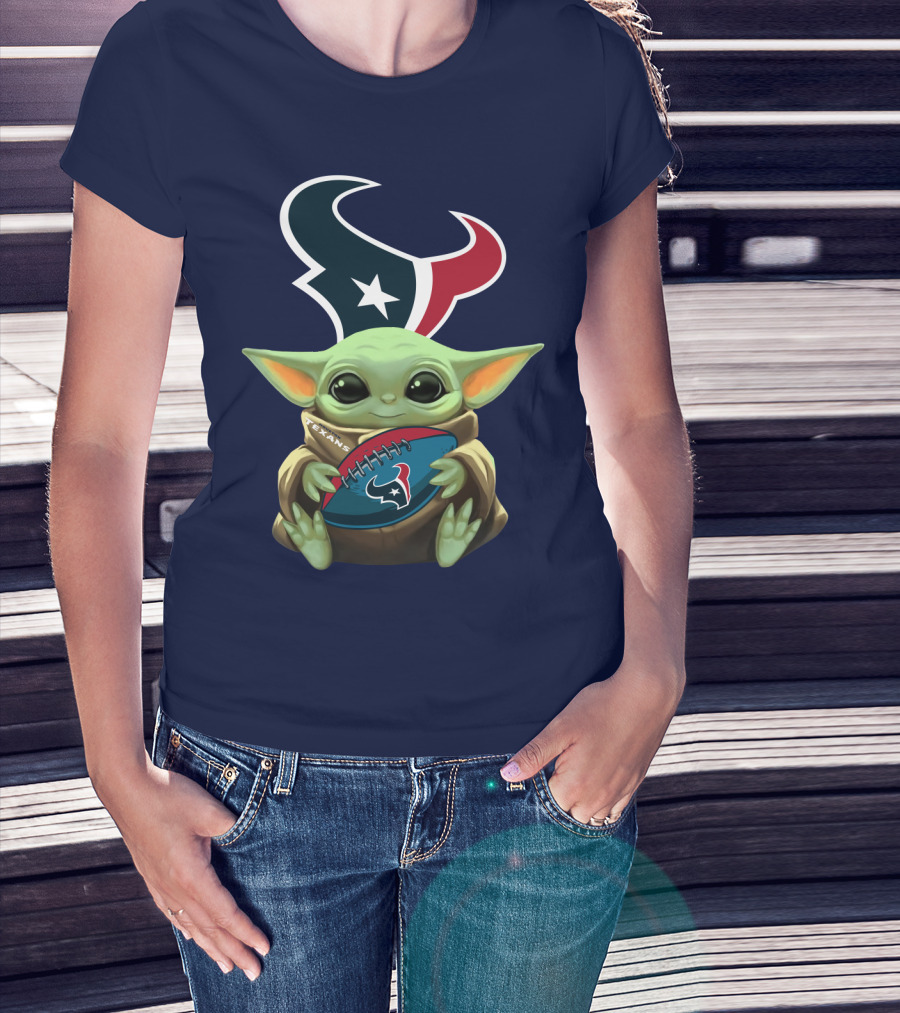 Baby Yoda Holding Houston Texans Football T-Shirt