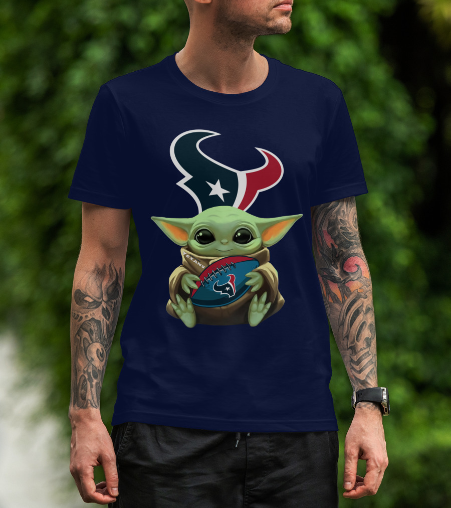 Baby Yoda Holding Houston Texans Football T-Shirt
