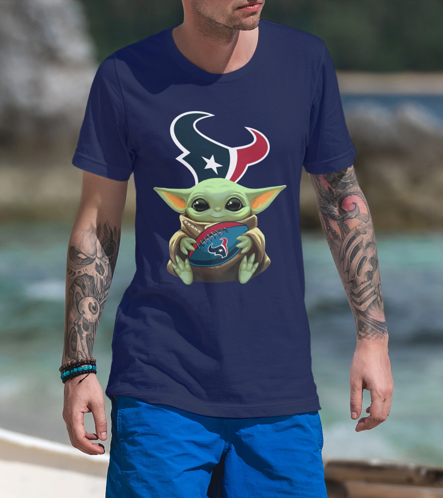 Baby Yoda Holding Houston Texans Football T-Shirt