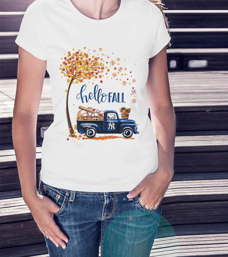 Hello Fall New York Yankees Autumn Truck Baseball Scene T-Shirt
