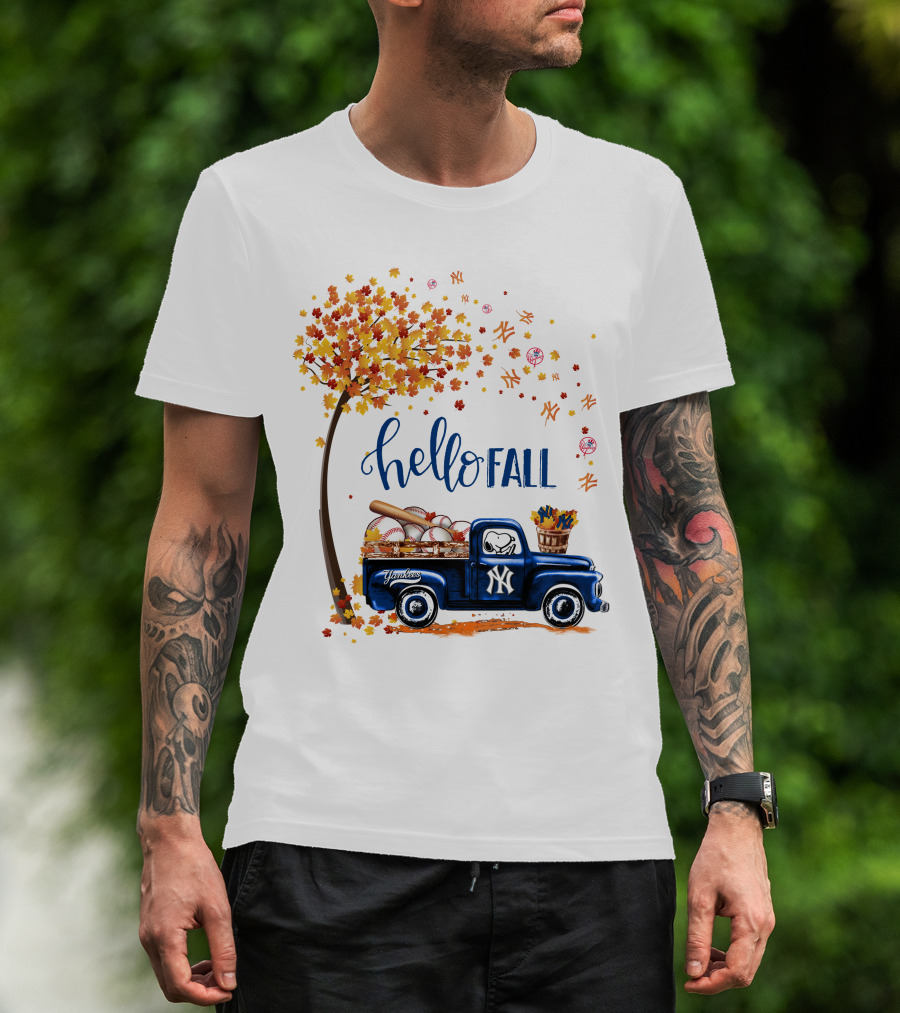 Hello Fall New York Yankees Autumn Truck Baseball Scene T-Shirt