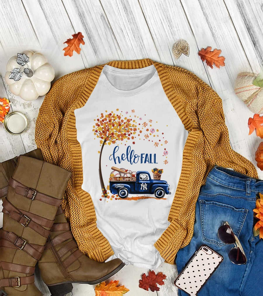 Hello Fall New York Yankees Autumn Truck Baseball Scene T-Shirt