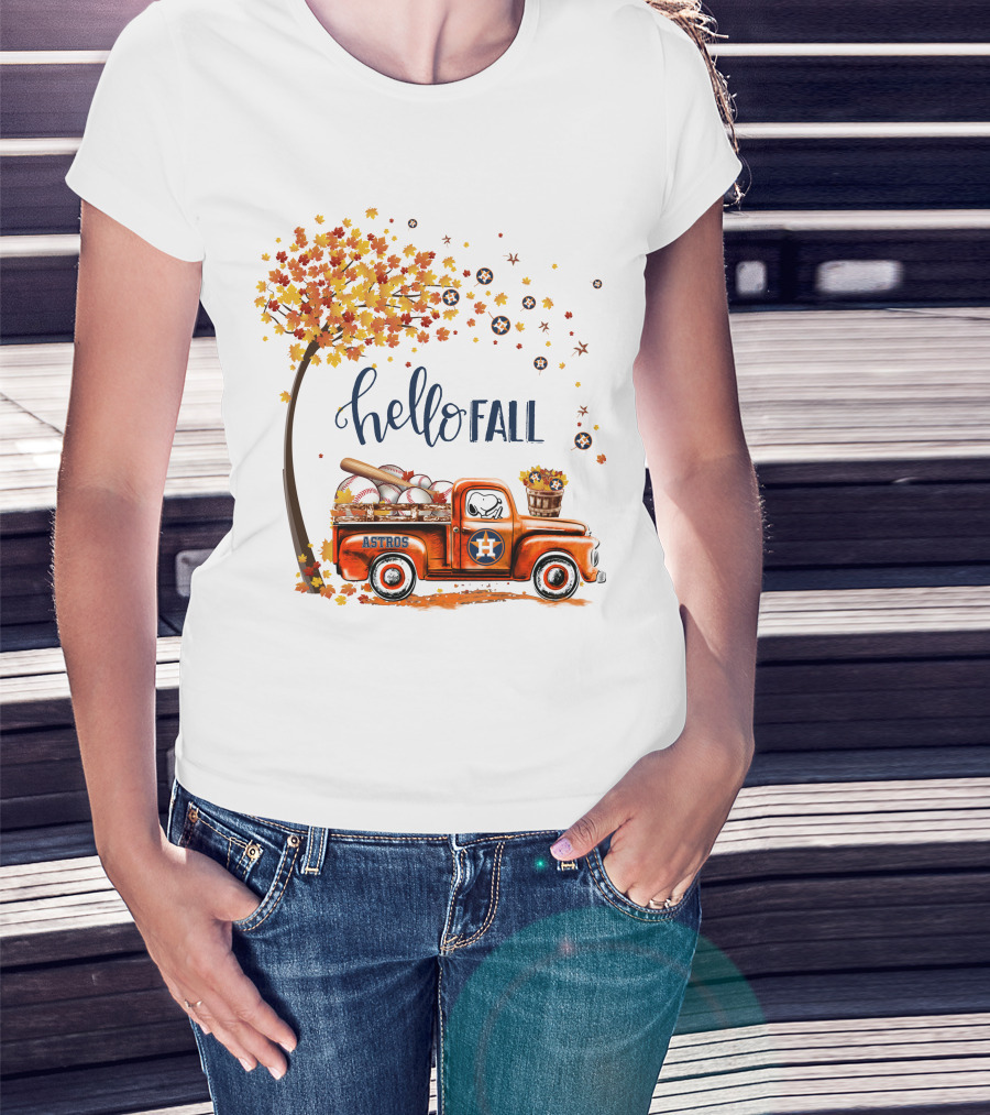 Hello Fall Astros Truck With Baseballs And Autumn Leaves T-Shirt