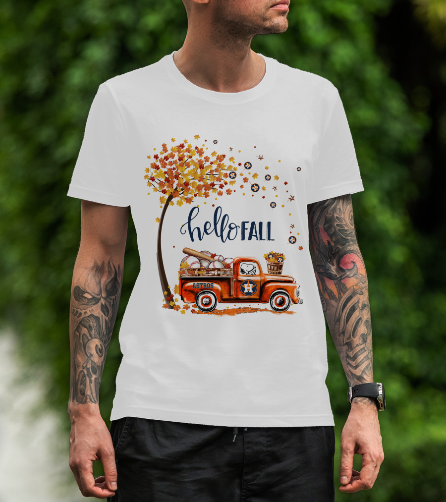 Hello Fall Astros Truck With Baseballs And Autumn Leaves T-Shirt