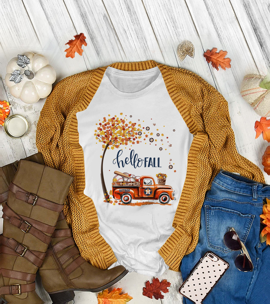 Hello Fall Astros Truck With Baseballs And Autumn Leaves T-Shirt