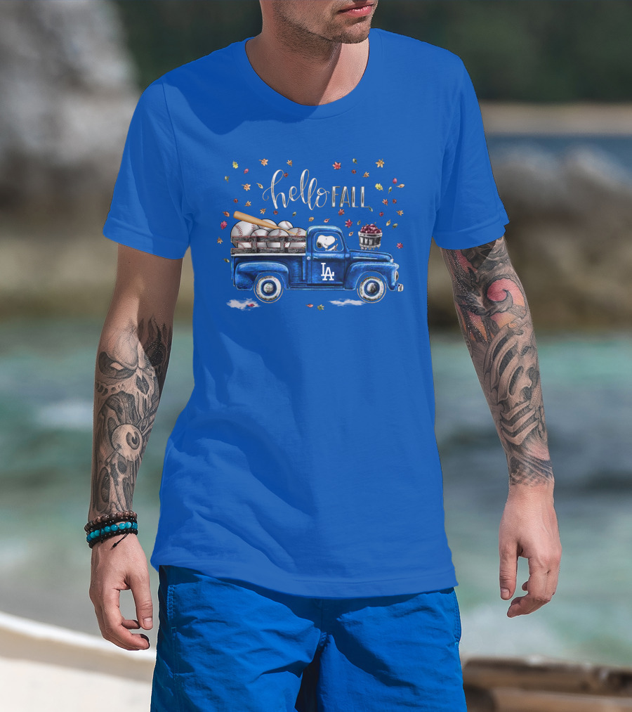 Hello Fall La Truck With Baseballs And Leaves T-Shirt
