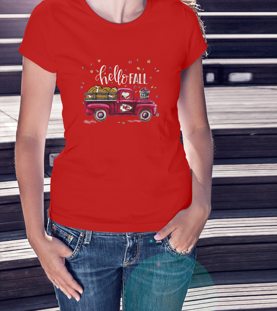 Hello Fall Kansas City Chiefs Truck With Autumn Leaves T-Shirt