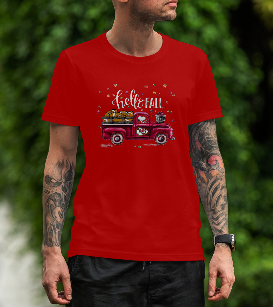 Hello Fall Kansas City Chiefs Truck With Autumn Leaves T-Shirt