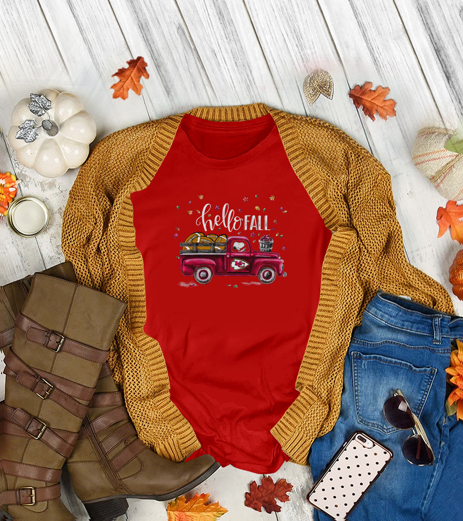 Hello Fall Kansas City Chiefs Truck With Autumn Leaves T-Shirt