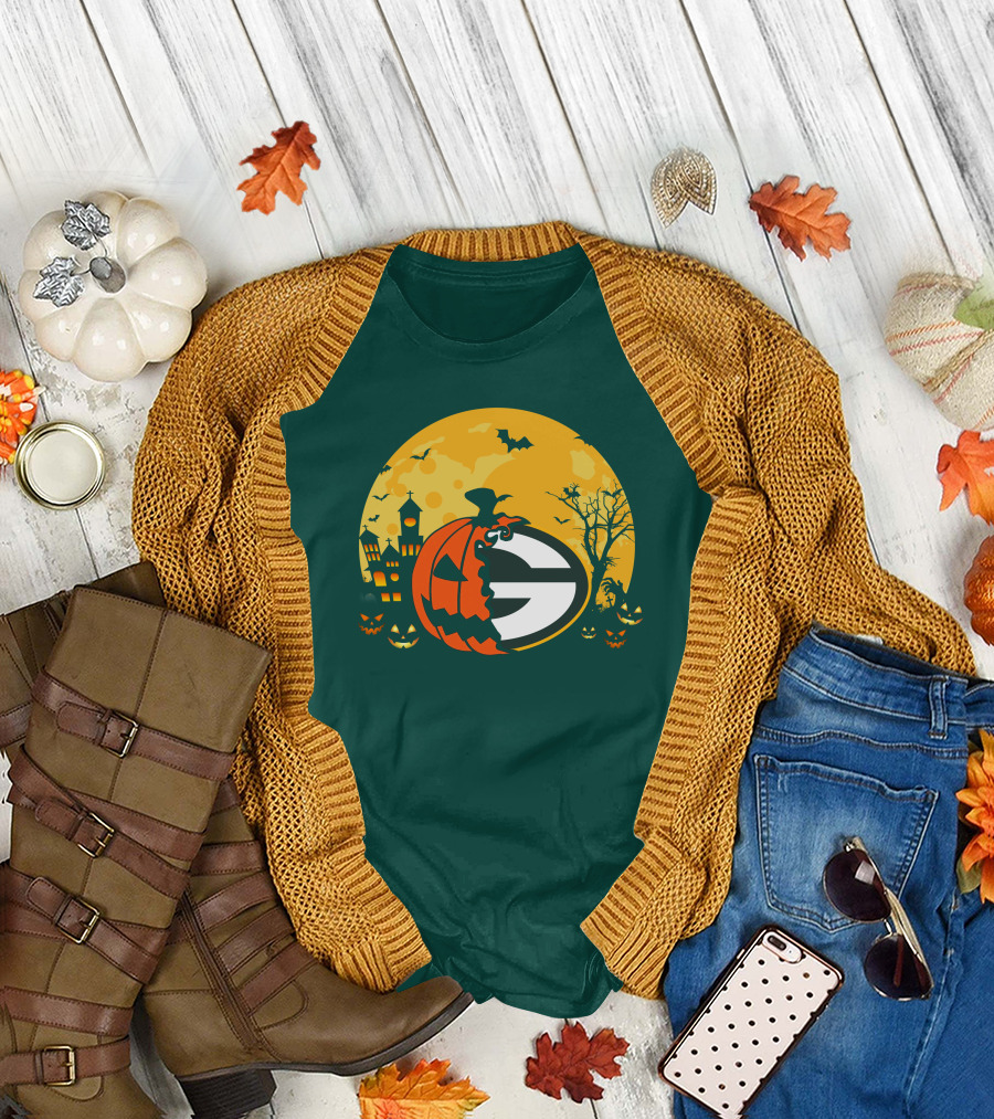 Halloween Green Bay Packers Pumpkin Moon Night Scene T-Shirt