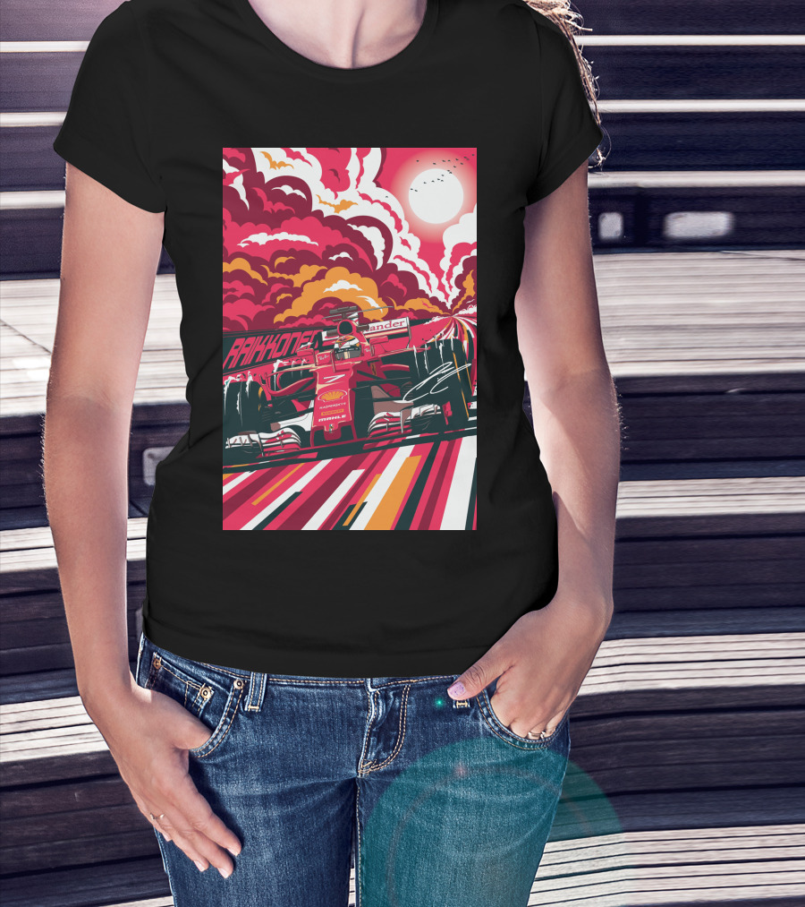 Raikkonen Formula 1 Racing Ferrari F1 Car Sunset Scene T-Shirt