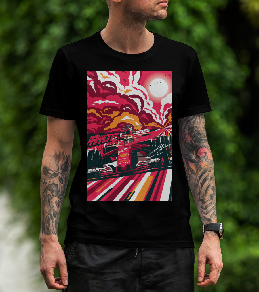 Raikkonen Formula 1 Racing Ferrari F1 Car Sunset Scene T-Shirt