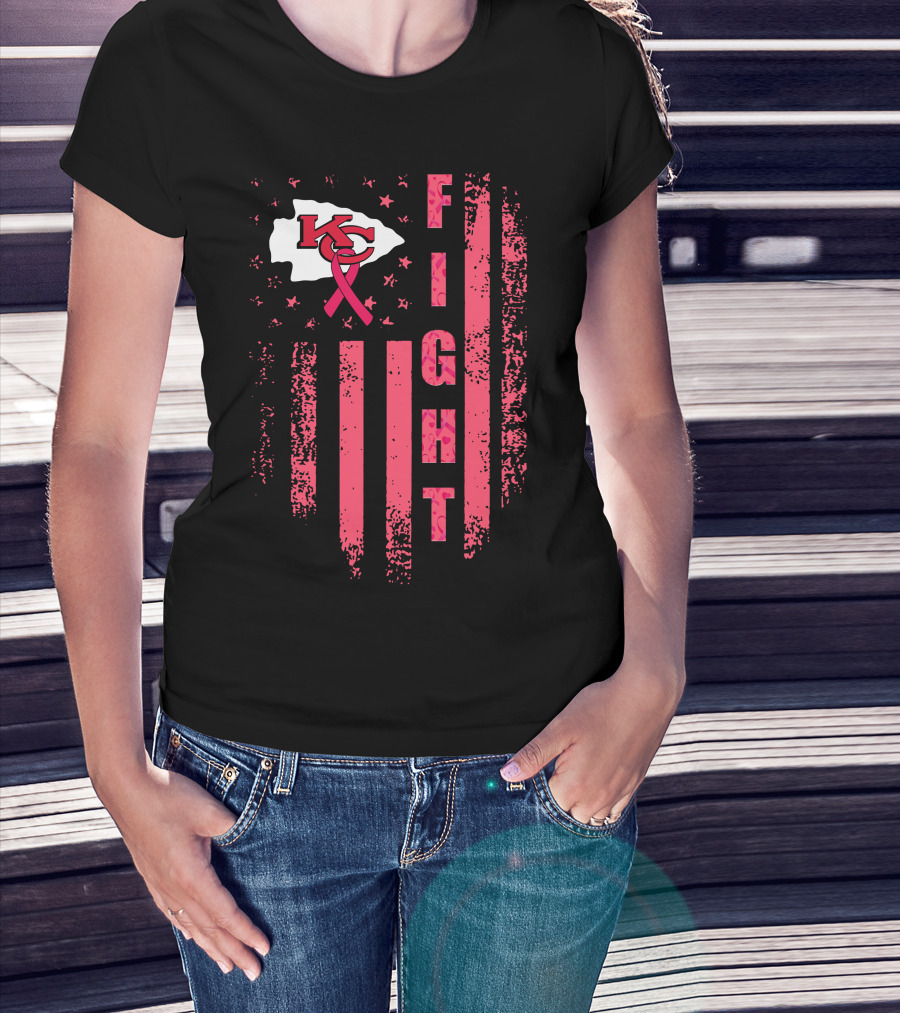 Fight Kc Chiefs Pink Ribbon American Flag T-Shirt