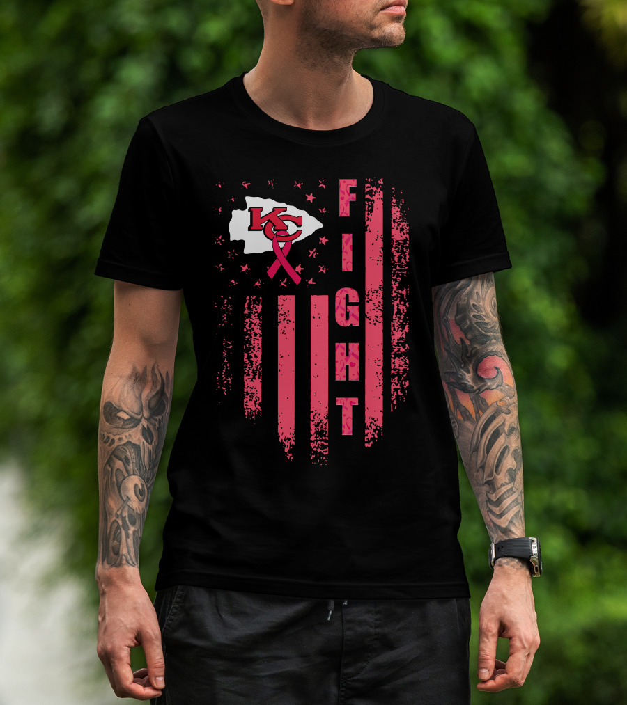 Fight Kc Chiefs Pink Ribbon American Flag T-Shirt