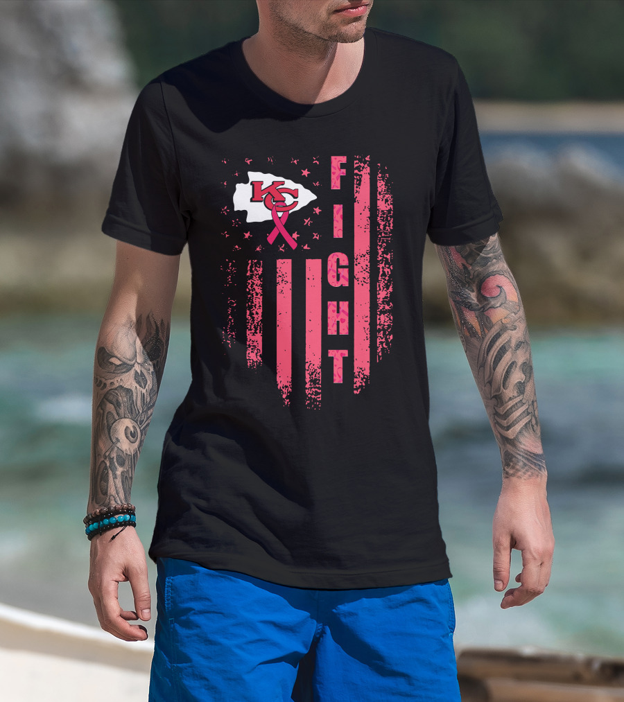 Fight Kc Chiefs Pink Ribbon American Flag T-Shirt
