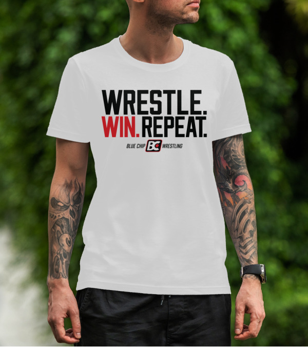 Wrestle Win Repeat Blue Chip BC Wrestling T-Shirt