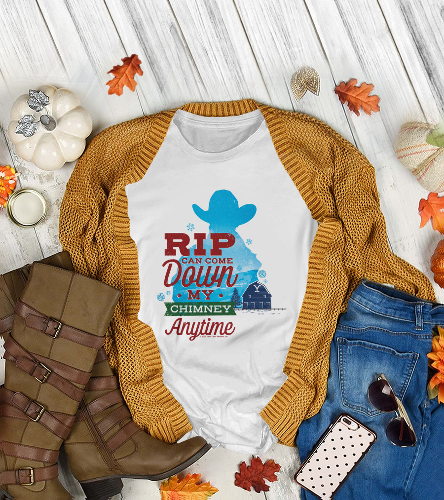 Rip Can Come Down My Chimney Anytime Blue Cowboy Silhouette Snowflakes Barn T-Shirt
