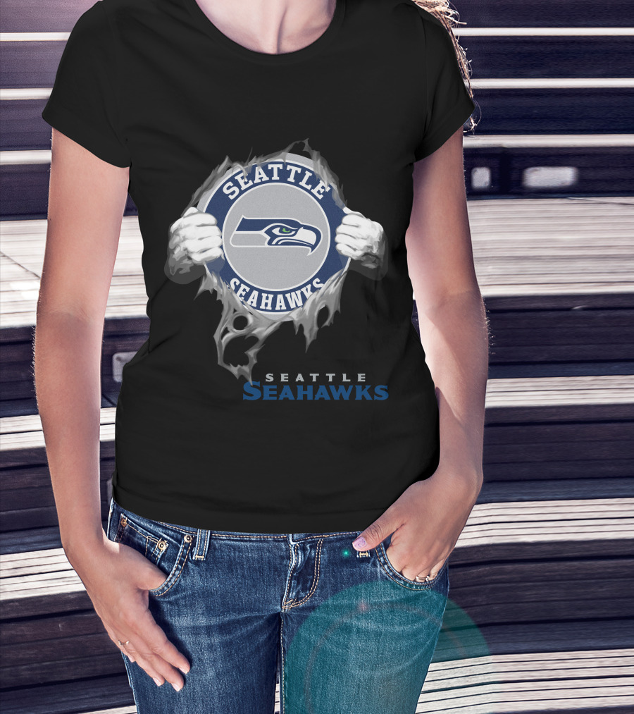 Seattle Seahawks Hands Ripping Through T-Shirt