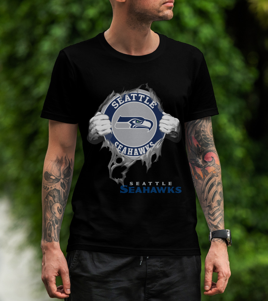 Seattle Seahawks Hands Ripping Through T-Shirt