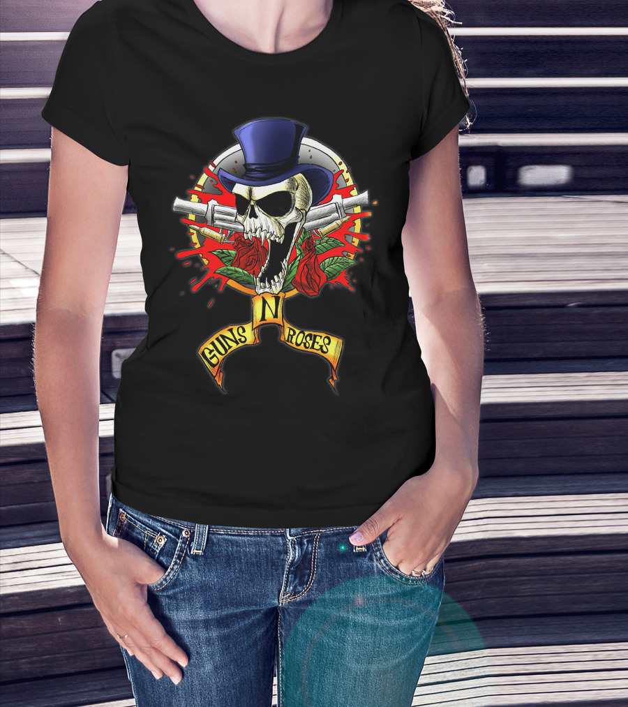 Guns N' Roses Skull With Top Hat Crossed Pistols And Red Roses T-Shirt