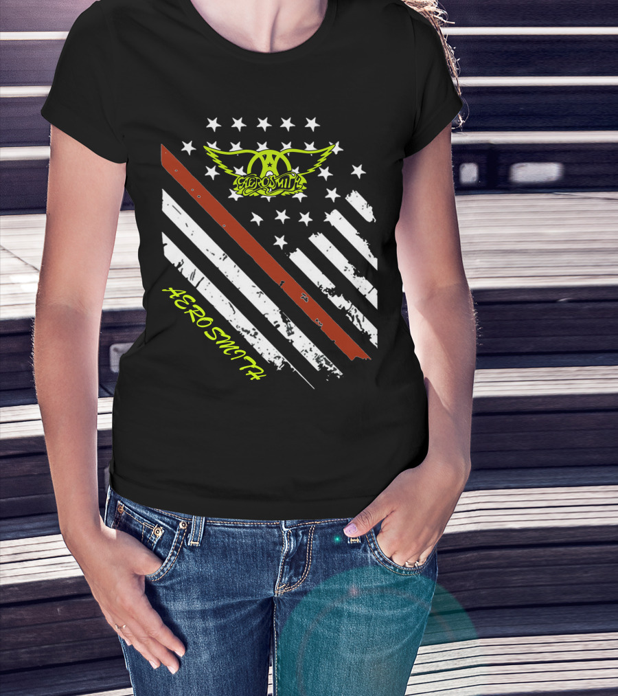 Aerosmith Logo With American Flag And Guitar Stripe T-Shirt