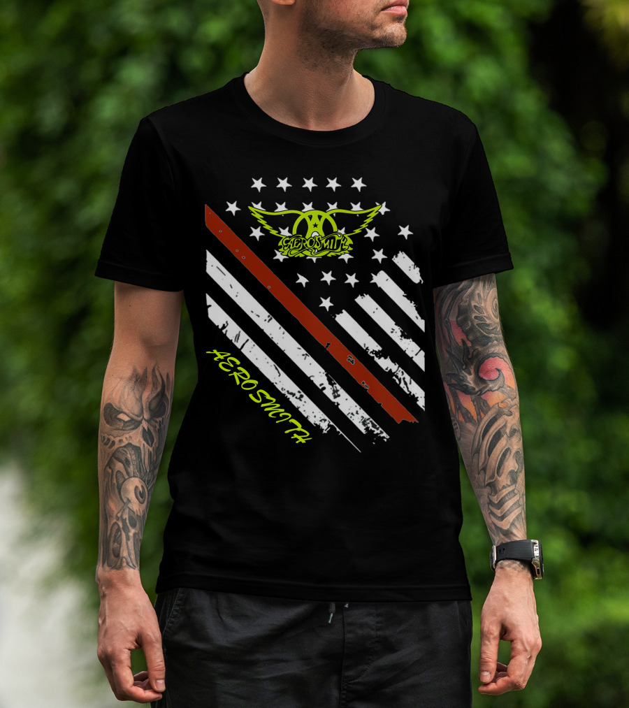 Aerosmith Logo With American Flag And Guitar Stripe T-Shirt