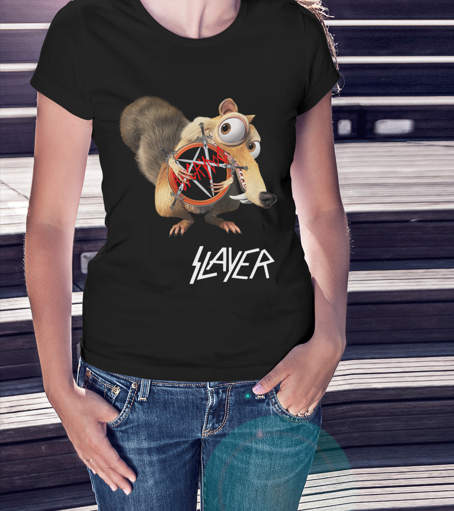 Scrat Holding Slayer Logo Pentagram Slayer T-Shirt