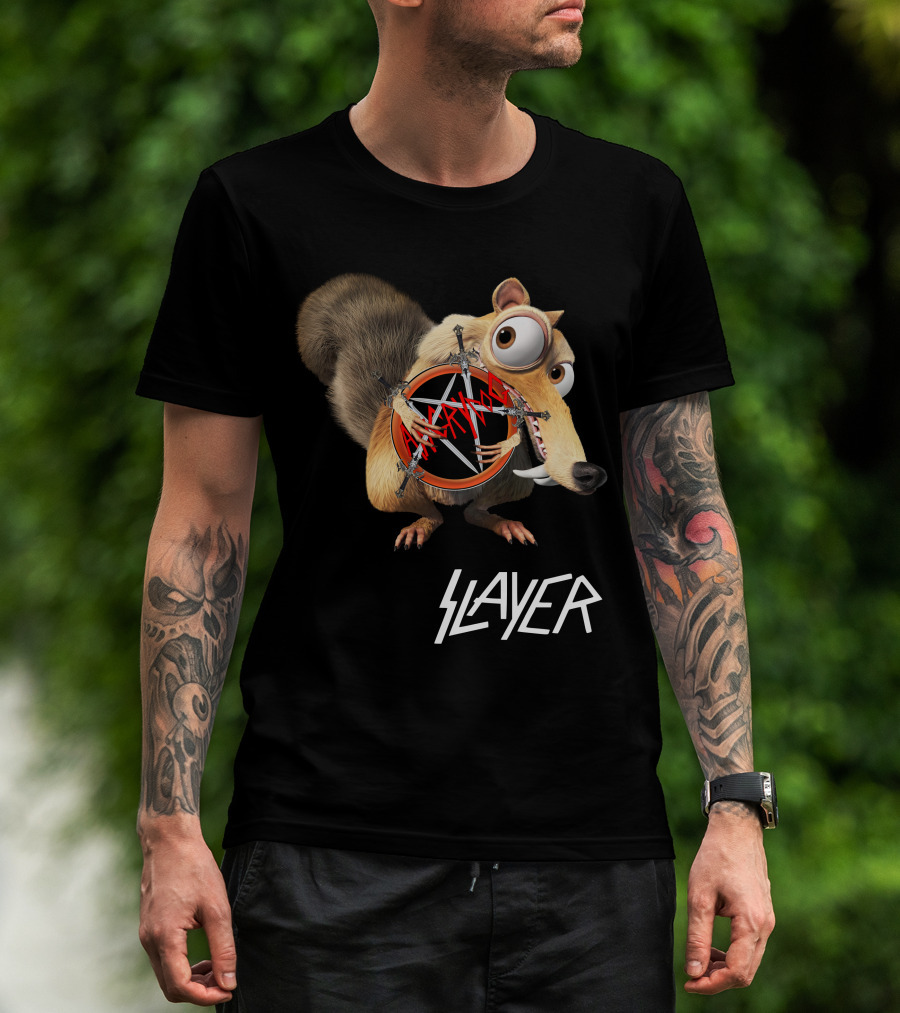 Scrat Holding Slayer Logo Pentagram Slayer T-Shirt